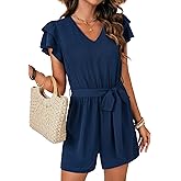 Rooscier Women's Summer V Neck Flutter Short Sleeve Belted Romper Keyhole Back Jumpsuit