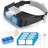 Dilzekui Headband Magnifier with LED Light, Rechargeable Head Mount Magnifier 1.5X to 3.5X, Opitcal Magnifying Glass with Len