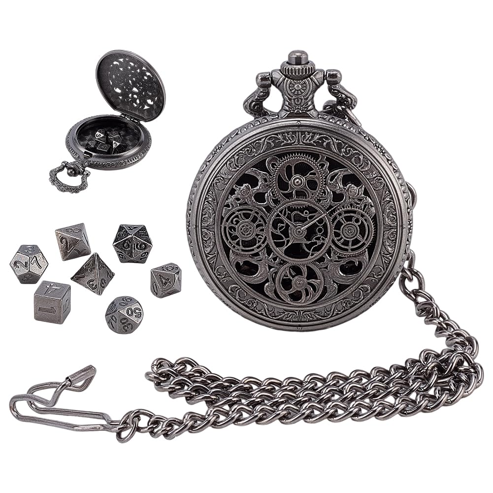 PH PandaHall DND Dice Set, Hollow Gear Watch Case 7pcs Mini Metal Dice with Pocket Watch Chain for Dungeons and Dragons, Role Playing Board Games Accessories, Gift, Gunmetal