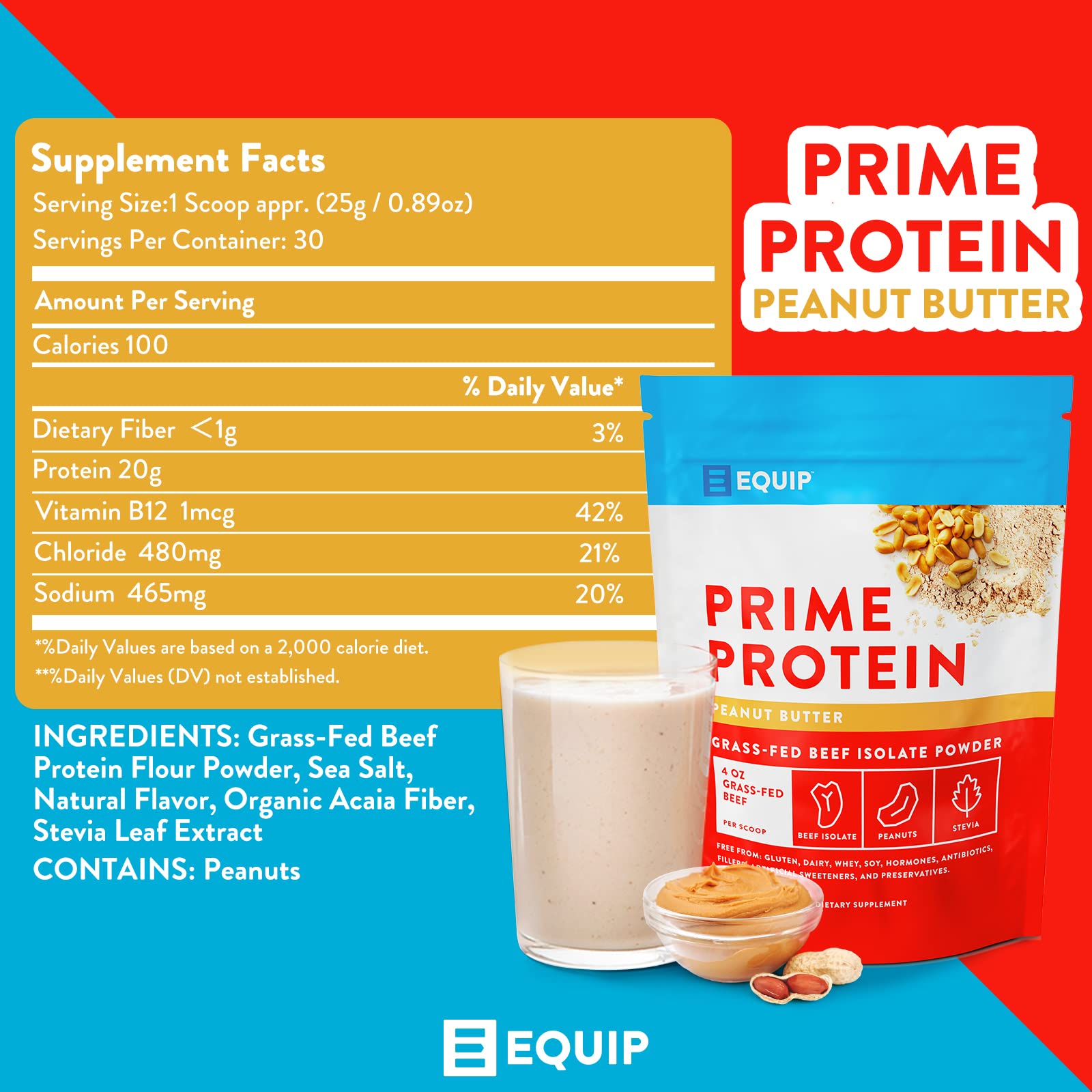 Equip Foods Prime Protein Powder | Clean, Grass Fed Beef Protein Powder for Women & Men | Carnivore Protein Isolate | Paleo, Keto Friendly | Gluten & Dairy Free | 30 Servings, Peanut Butter