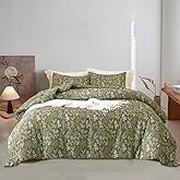 EAVD Vintage Style Garden Olive Green Floral Duvet Cover Queen Soft Cotton Chic Small Floral Bedding Set with 2 Pillowcases Reversible Fresh Botanical Duvet Cover with Zipper Closure