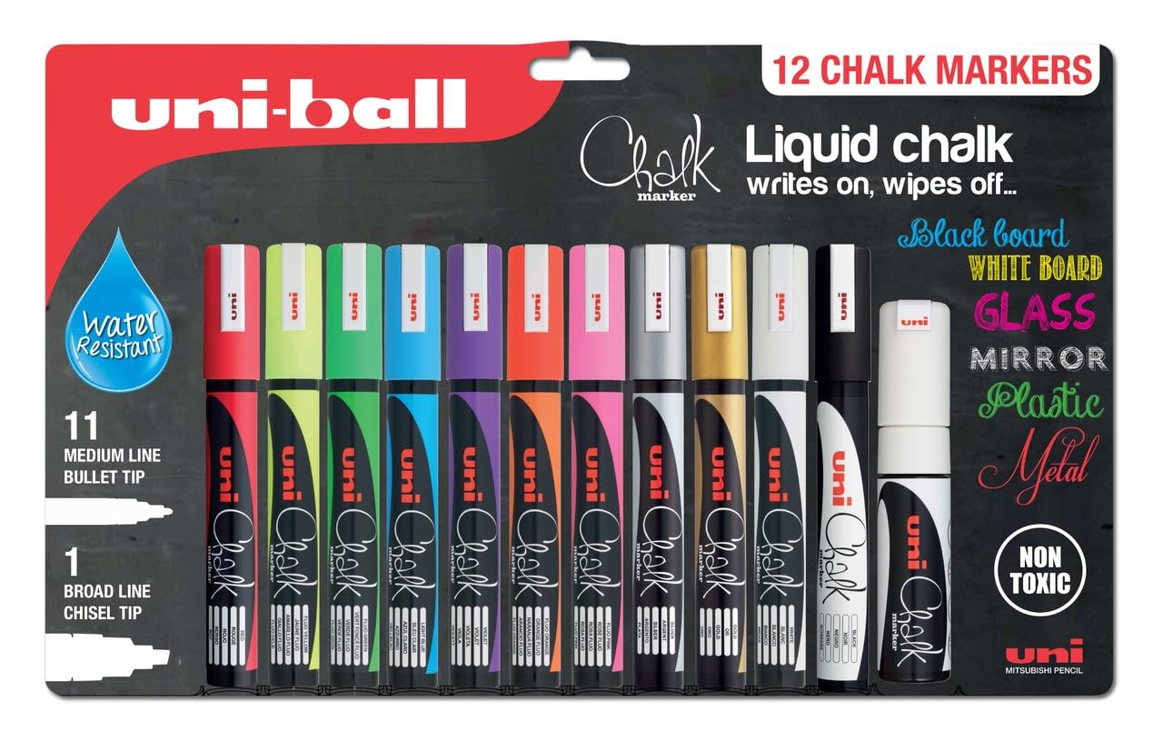 uni-ball Liquid Chalk Pens. Multi-Purpose Wipeable and Erasable Coloured Markers for Blackboards Chalkboards Whiteboards Glass Mirrors Plastic Windows Metal. Non Toxic. Multipack Set of 12 — image 1