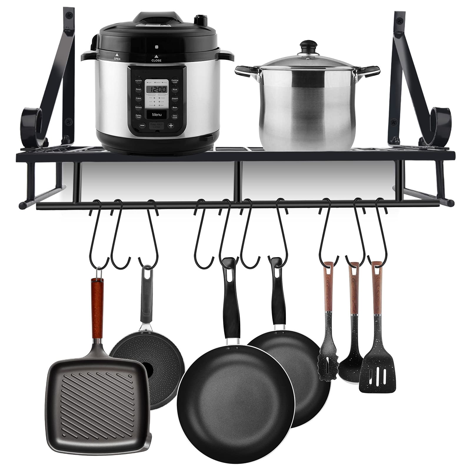 Metal Wall Mounted Pan Pot Rack, Hanging Kitchen Storage Organizer Kitchen Utensils Hanging Shelf with 10 Hook Holders 2 in 1 Antirust for Storing Pan Pot and Hanging Cutter Spoon Slice, 45 cm(Black)