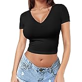 Short Sleeve V Neck Crop Top for Women Soft Workout Shirt Going Out Tops Sexy Slim Fitted Casual Base Layer Lightweight