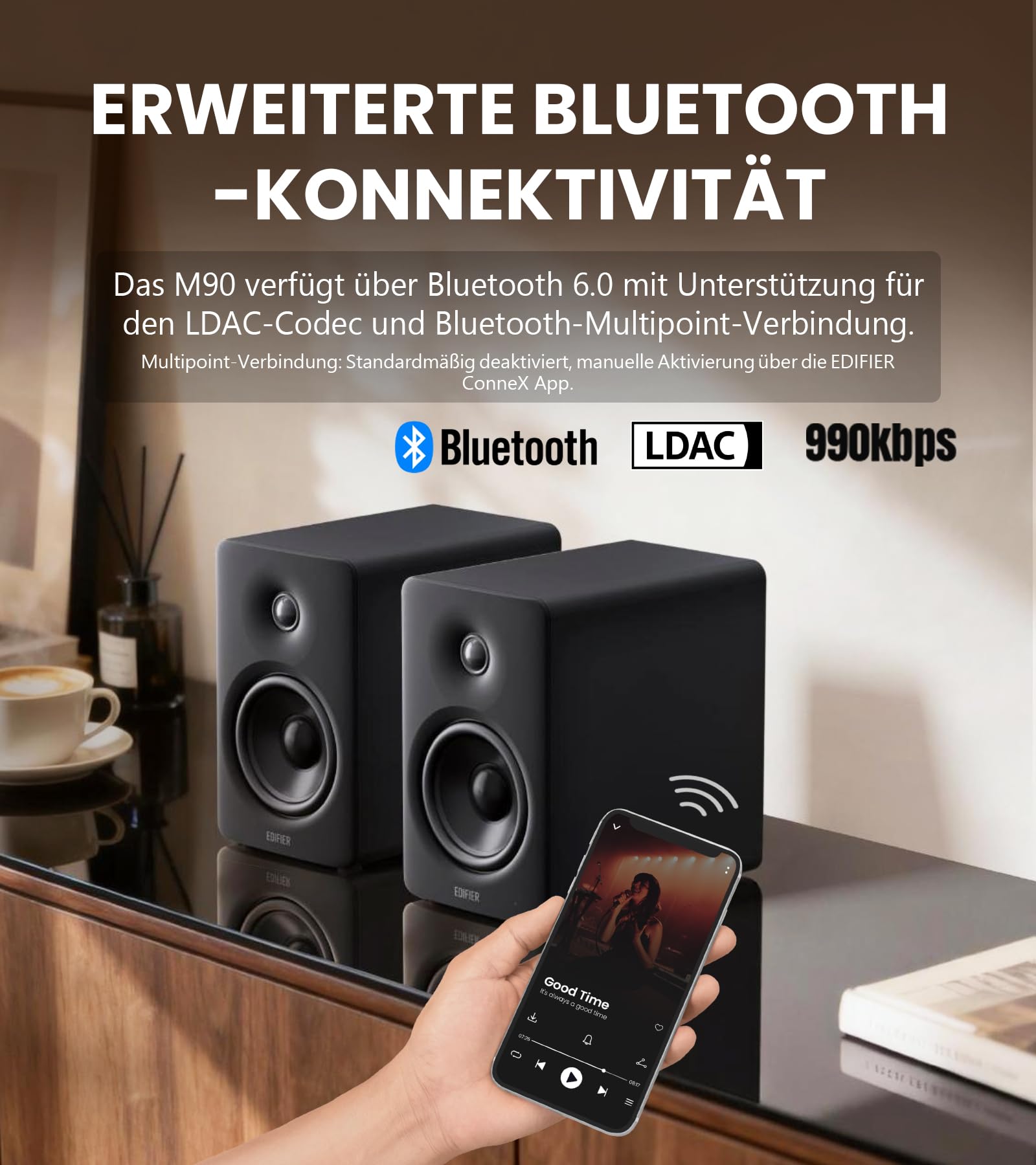Edifier M90 Regal-Lautsprecher, 100 W RMS Desktop-Lautsprecher, Hi-Res-Audio, LDAC, Bluetooth 6.0, kompakter Lautsprecher, HDMI eARC/optischer/USB-C/AUX-Eingang, SUB Out, Aktivlautsprecher – Schwarz 8