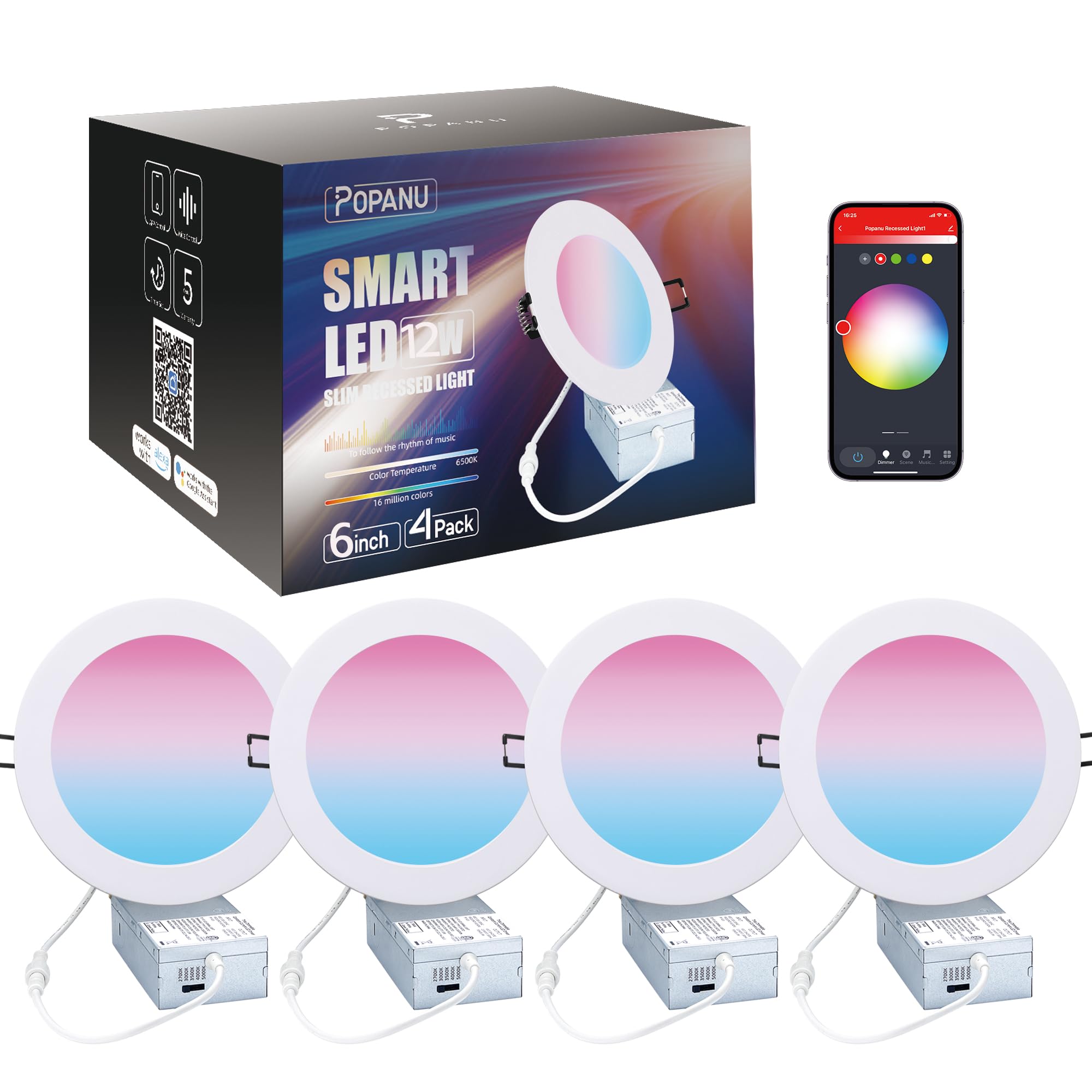 Photo 1 of 6-Inch Smart Recessed Lighting , WiFi LED Canless Wafer Downlight with Junction Box, ?4 Pack?RGB & 2700-6500K Color Changing Lights, Works with Alexa/Google Assistant, APP Control 12W 6 inch White
