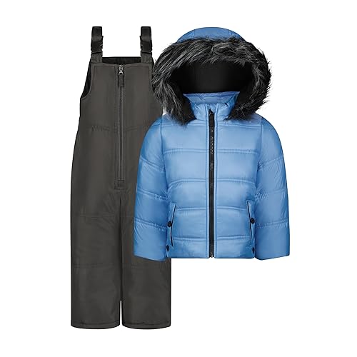 Jessica Simpson Girls' 2-Piece Snowsuit with Snow Bib and Puffer Jacket with Faux Fur Hood, Light Blue, 6X