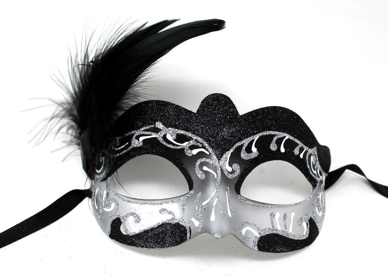LADIES BLACK WHITE & SILVER VENETIAN MASQUERADE HALLOWEEN CARNIVAL PARTY EYE BALL FEATHER MASK
