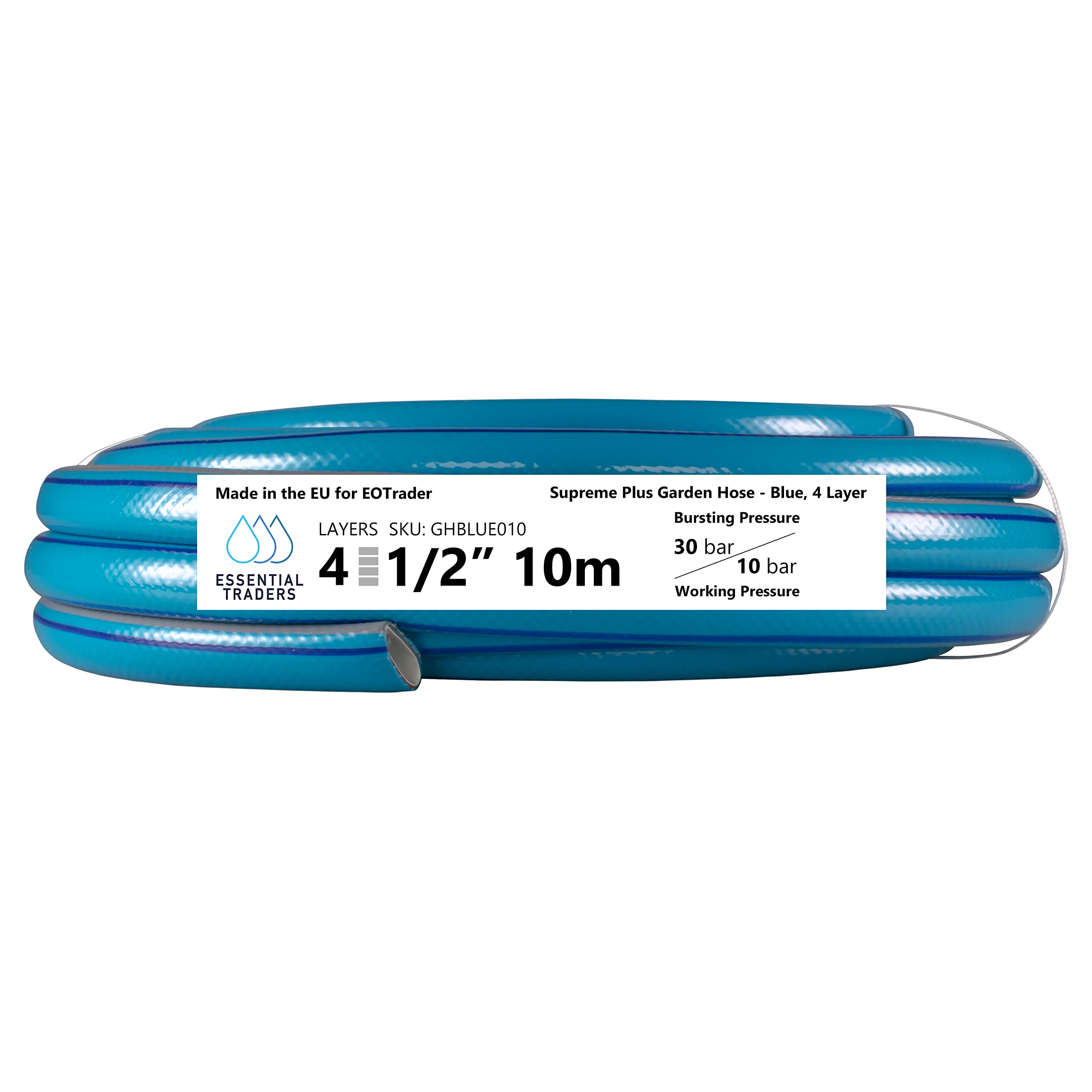 1/2" Blue Grey Flexible Garden Hose - 4 Layer Reinforced Pipe with Connectors Set for Hose Reels, Cart Extension Kit, Click-Lock Style Connectors (10m)