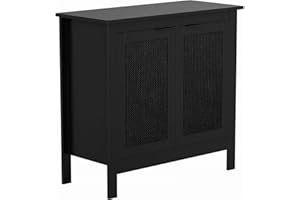 Giluta Black Sideboard Buffet Storage Cabinet, Farmhouse Kitchen Storage Cabinets with 2 Rattan Doors, 30''H Boho Cabinet wit