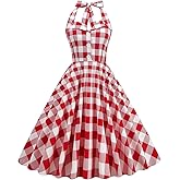 Women Halter Neck 50s Vintage Polka Dots Cocktail Swing Dress Retro Button Check Gingham Dress Pin up 1950s Audrey Rockabilly Prom Dress Bandage Backless Wedding Evening Party Dress Red Plaid S