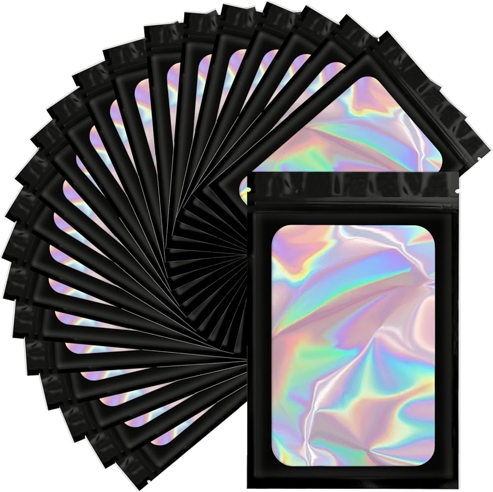 UWJIX Mylar Holographic Bags 3x4.7 Inch,100 PCS Small Clear Zipper Resealable Smell Proof Baggies,Black Plastic Packaging Bag