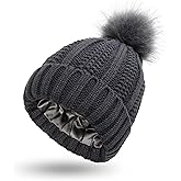Womens Satin Lined Winter Beanie Cable Knit Beanie for Women Silk Lining Thick Chunky Hats Skull Warm Cap