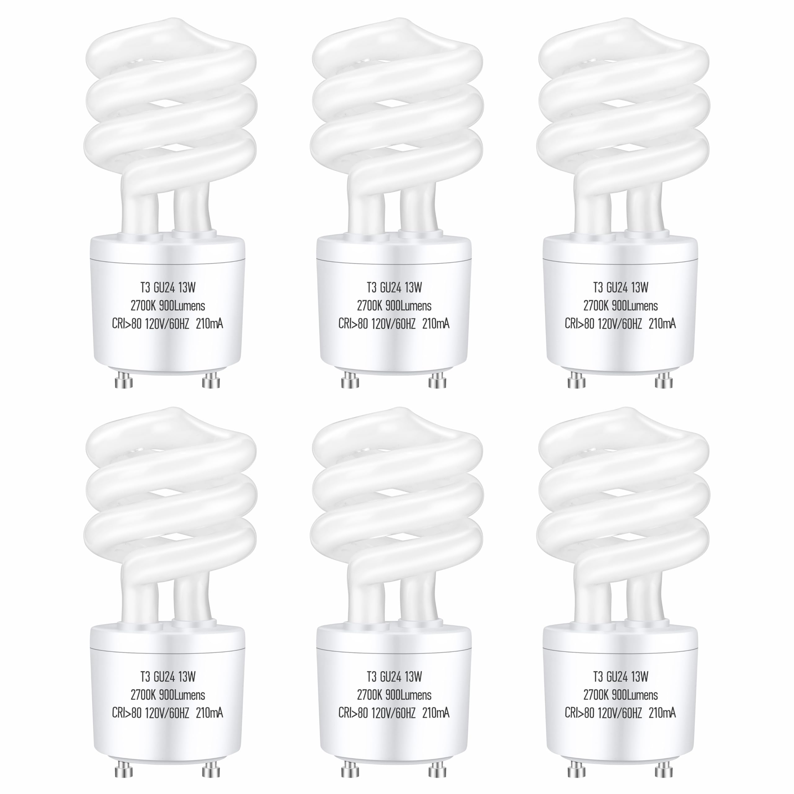 Photo 1 of UGOODIS GU24 13Watt 2700K 900lm CFL Light Bulbs, T3 Spiral Gu24 Base 2 Prong (60W Equivalent) Soft White Compact Fluorescent Light Bulbs, UL Approved, 120v 60Hz, Self Ballasted, Indoor Use (6 Pack)