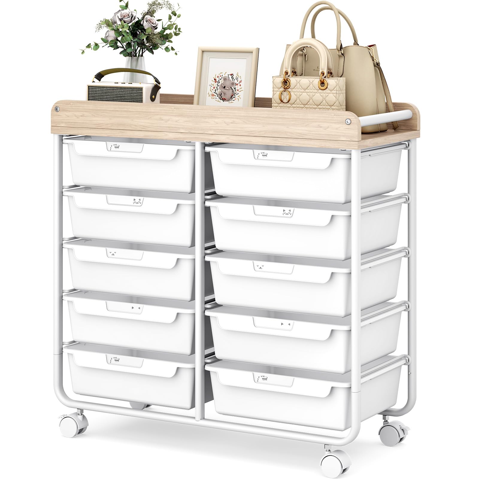 Photo 1 of 10 Drawers Rolling Cart with Wooden Tabletop, Utility Storage Cart with Wheels, Art Supply Craft Organizer on Wheel with Metal Frame & Handles for Home Office School,White