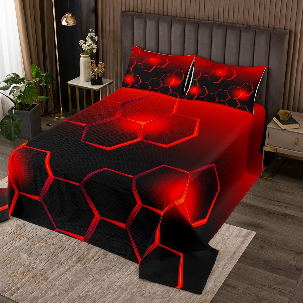 Homemissing Red and Black Coverlet Set Honeycomb Quilted Bedspread for Kids Boys Girls Decor Geometrical Quilted Coverlet Microfiber Beehive Quilted Bedroom Double