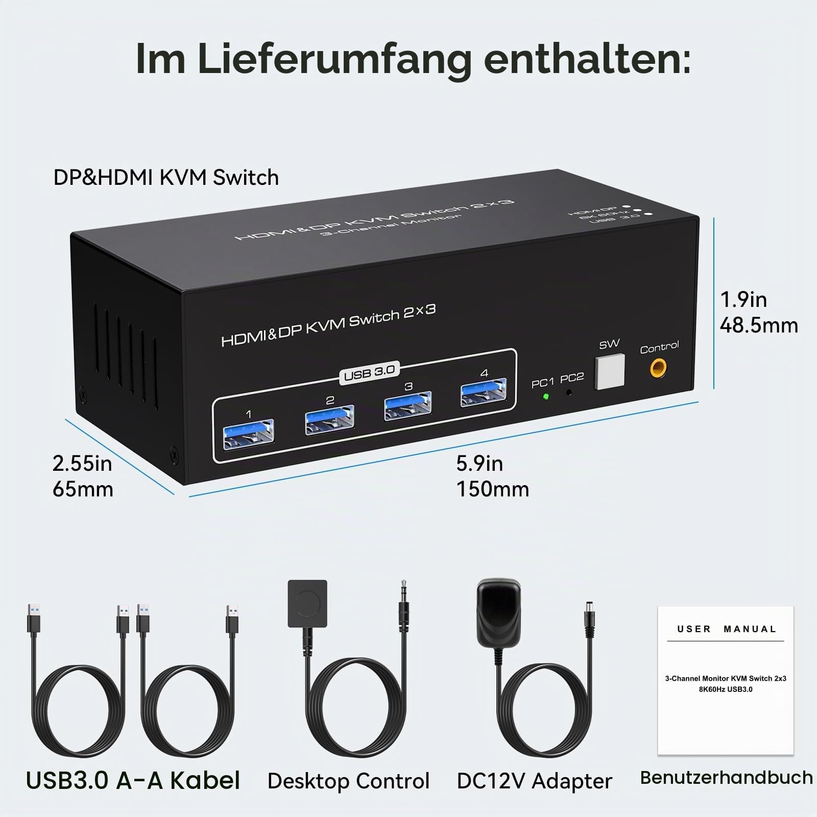 VPFET 2 Displayport HDMI KVM Switch 2 PC 3 Monitore 4K144Hz 8K60Hz Triple Monitor KVM Switches für 2 Computers Share 3 Monitore mit 4 USB 3.0 Ports Inklusive 2 USB 3.0 Kabeln und Externer Steuerung 6