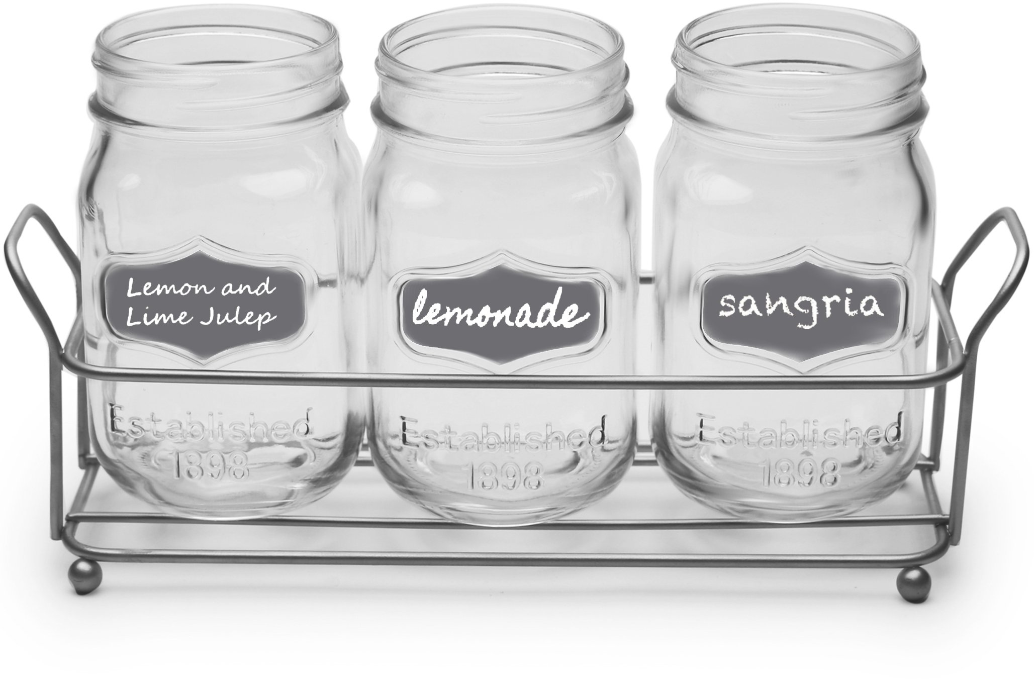 Circleware Trio Grand Mason Jar Glasses with Metal Holder Stand, Set of 4 Home & Kitchen Farmhouse Decor Beverage Drink Tumblers for Water, Beer and Juice, 17 oz, Silver
