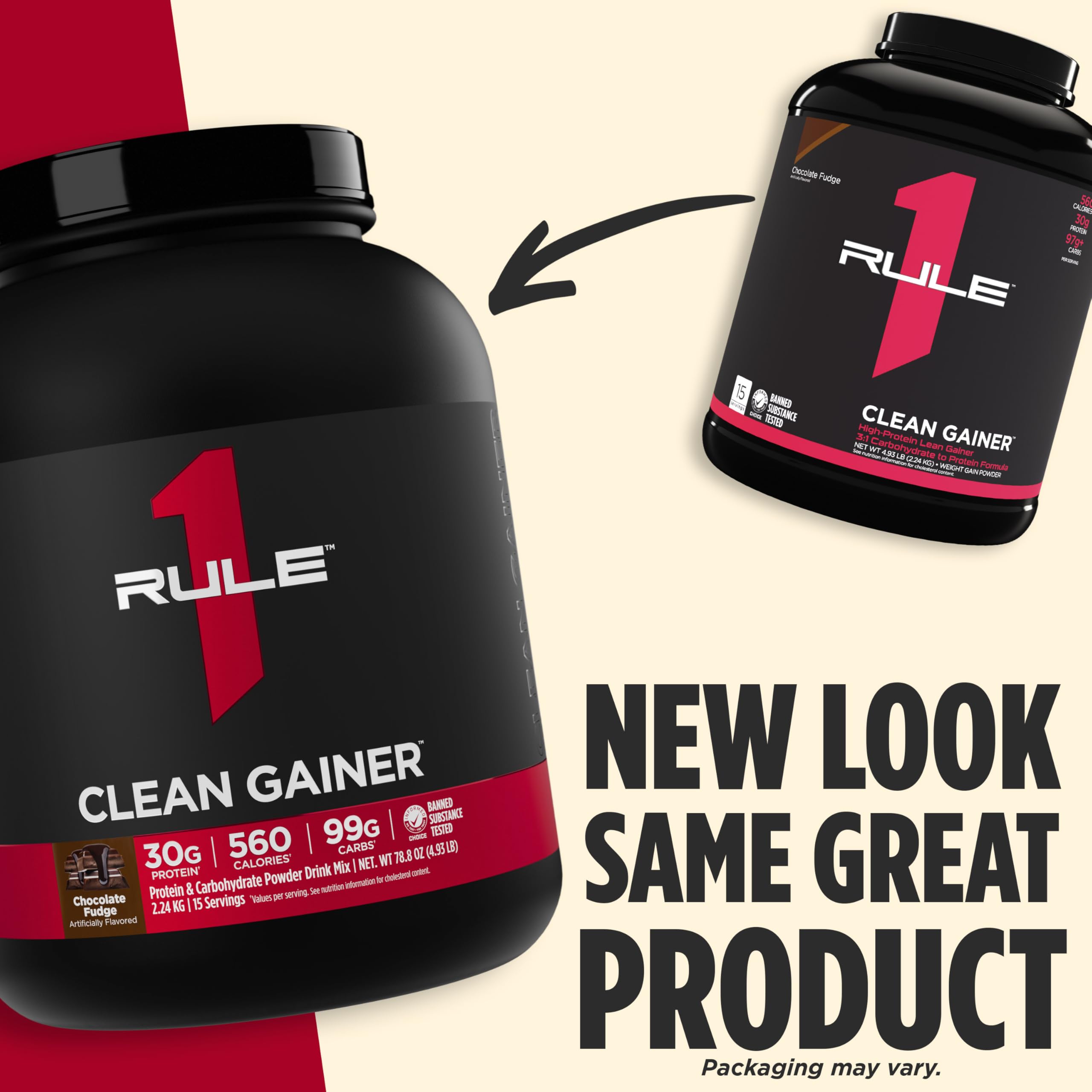 Rule 1 Clean Gainer - High-Protein Lean Gain Formula with 560 Calories, 30g of Full-Spectrum Protein, Over 90g Carbs, Under 6g of Fat (15 Servings, Chocolate Fudge)