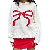 AEJENNIO Women's Y2K Bow Knit Sweater Cute Sweater Long Sleeve Crew Neck Contrast Trim Knitwear