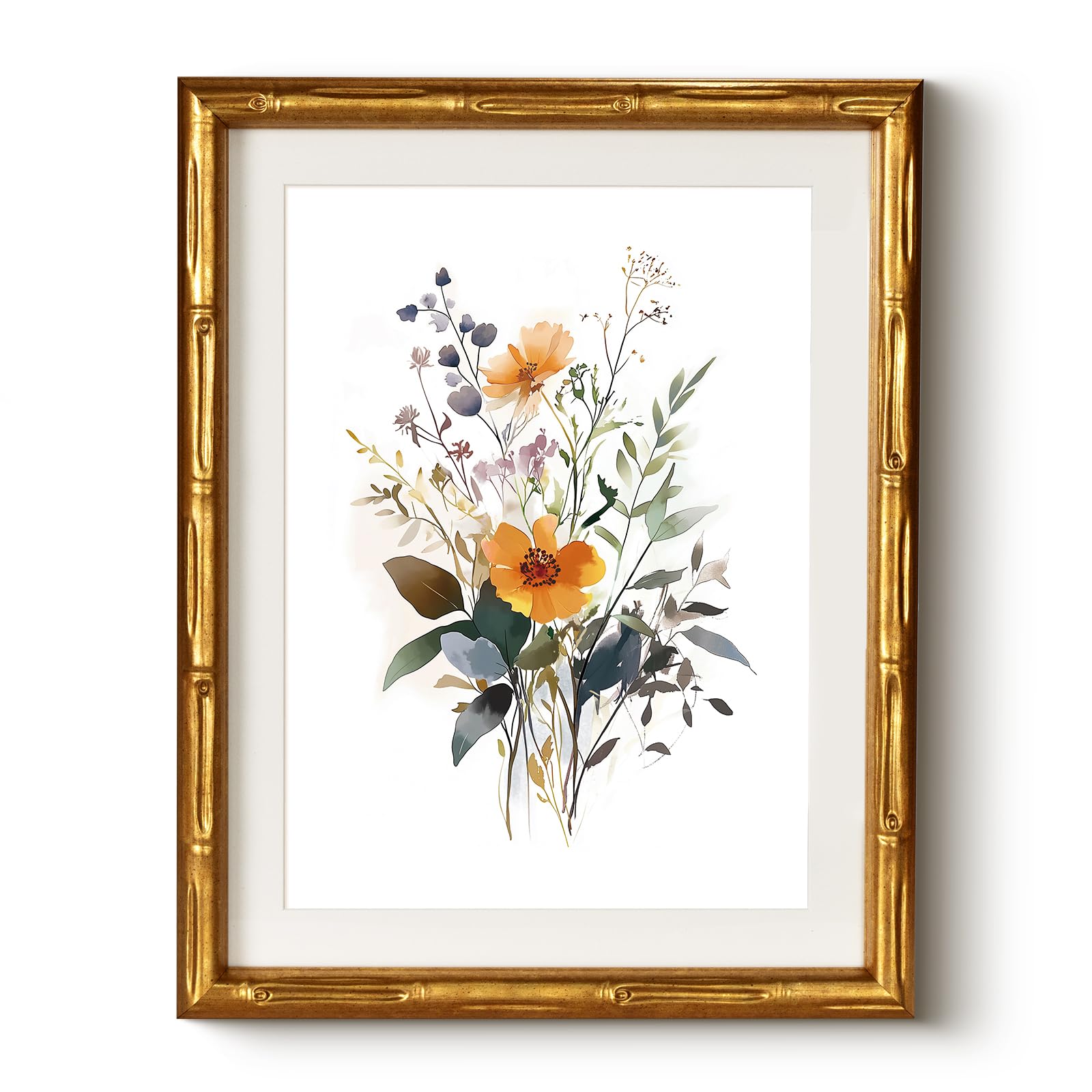 Photo 1 of Gold Bamboo Style Framed Floral Canvas Wall Art, Elegant 11x14 Inch Botanical Flower Print, Modern Soft Illustration Watercolor-Inspired Artwork, Bedroom Entryway Bathroom Decor