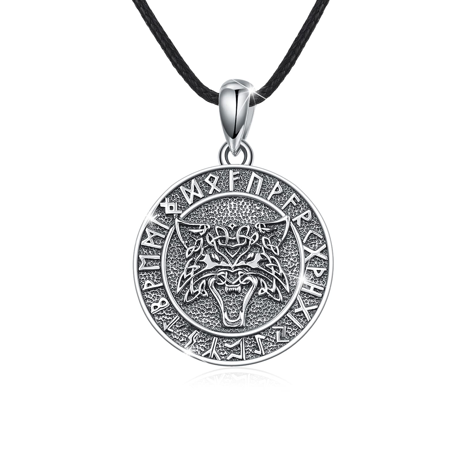 JFASHOP Wolf Head Pendant Necklace, 925 Sterling Silver Viking Runes Amulet Animal Necklace Wolf Talisman Jewellery Valentines Gifts Christmas for Men Women Girls