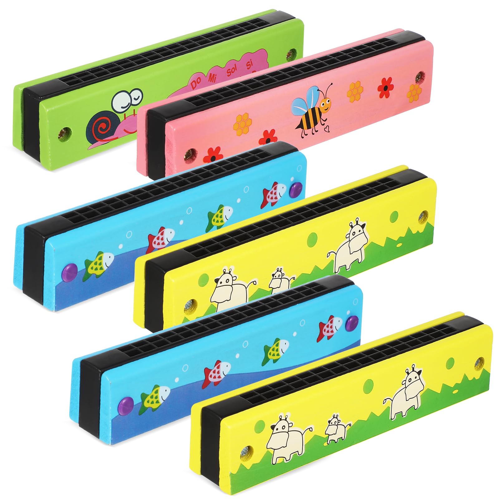 Gadpiparty 6 Pack Harmonica for Kids Toddler Wooden Harmonica Toy with Double Row of 16 Holes Cartoon Beginners Musical Instrument Toy Party Favors (Random Color)