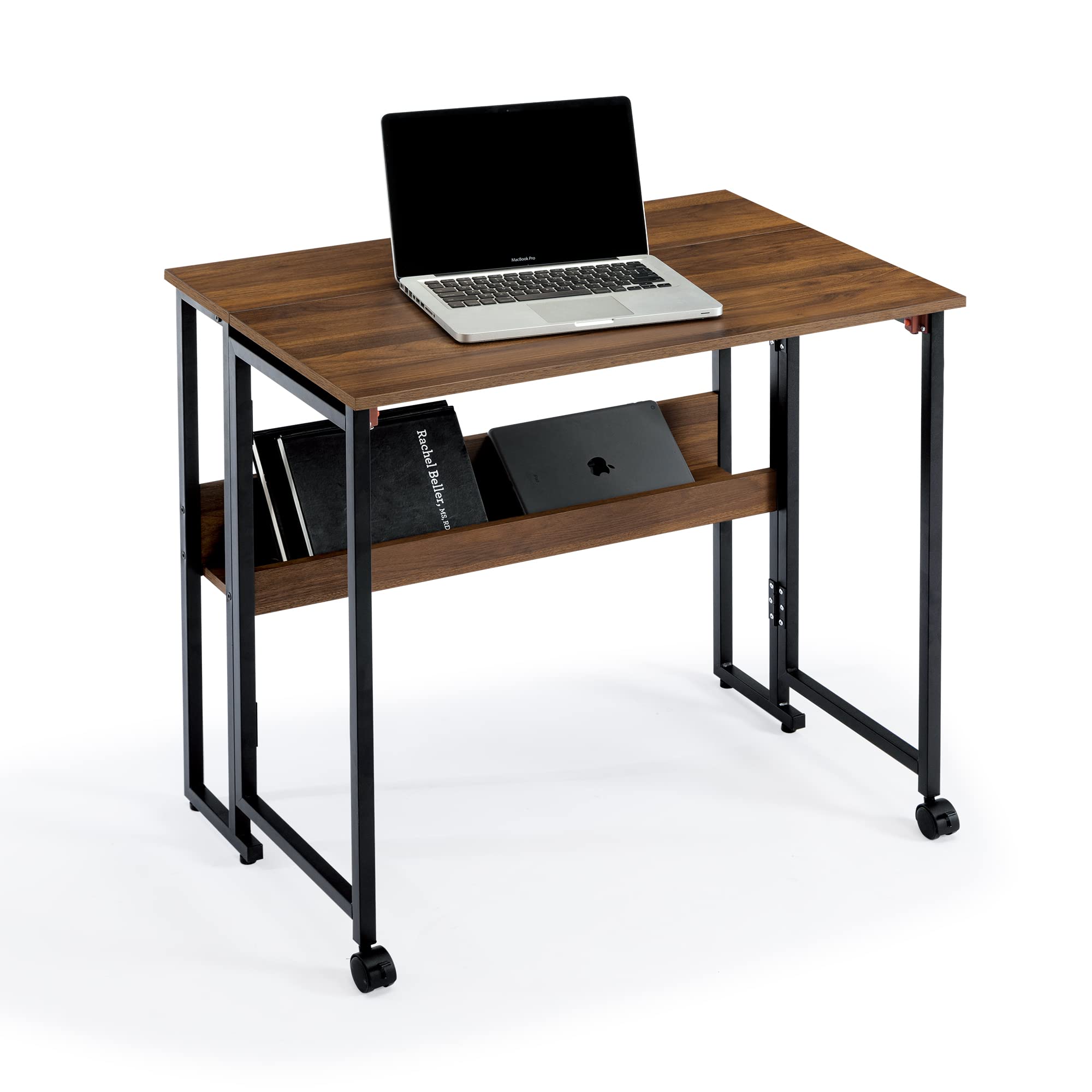 SYALEN 折りたたみデスク テレワークデスク 幅80 奥行53 高さ75cm 省スペース 多機能テーブル 机 コンパクデスク メラミン加工 木製 モニターアーム取付対応 ブラウンウォルナット/黒 SLDK-01BR80商品画像