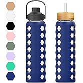 MUKOKO 32oz Glass Water Bottles with 2 Lids-Handle Spout Lid&Bamboo Straw Lid, Motivational Water Tumbler with Time Marker Reminder and Silicone Sleeve, Leakproof-Blue-1 Pack