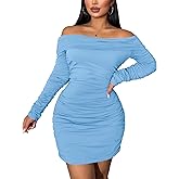 Boncun Women's Elegant Off Shoulder Long Sleeve Bodycon Mini Dress - Ruched Cocktail Party Dress for Night Out, Fall
