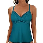 Firpearl Women's Underwire Tankini Top Only Twist V Neck Swimsuits for Big Busted Loose Fit Bathing Suit Tops