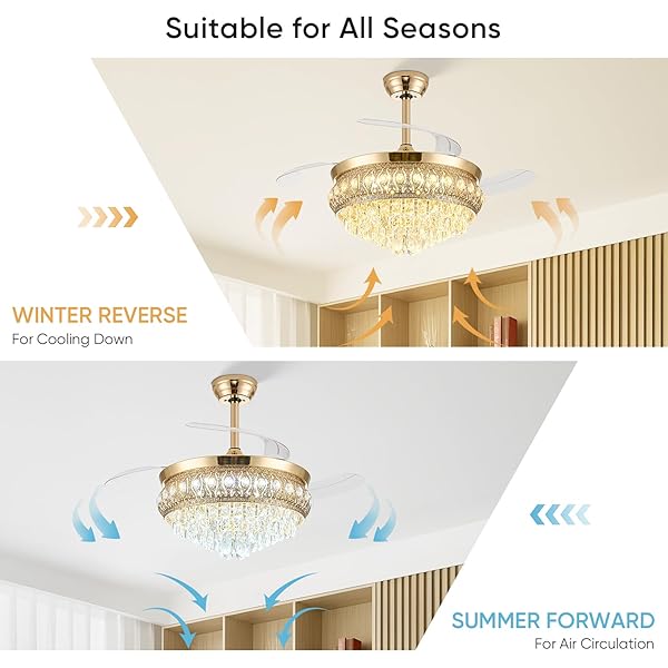 STYLORAVIVE 42″ FANDELIER CEILING FAN WITH LIGHT, CRYSTAL RETRACTABLE CEILING FAN WITH LIGHTS AND REMOTE, CHANDELIER FANS FOR BEDROOM LIVING ROOM, REVERSIBLE DC MOTOR, DIMMABLE, 6 SPEEDS -GOLD
