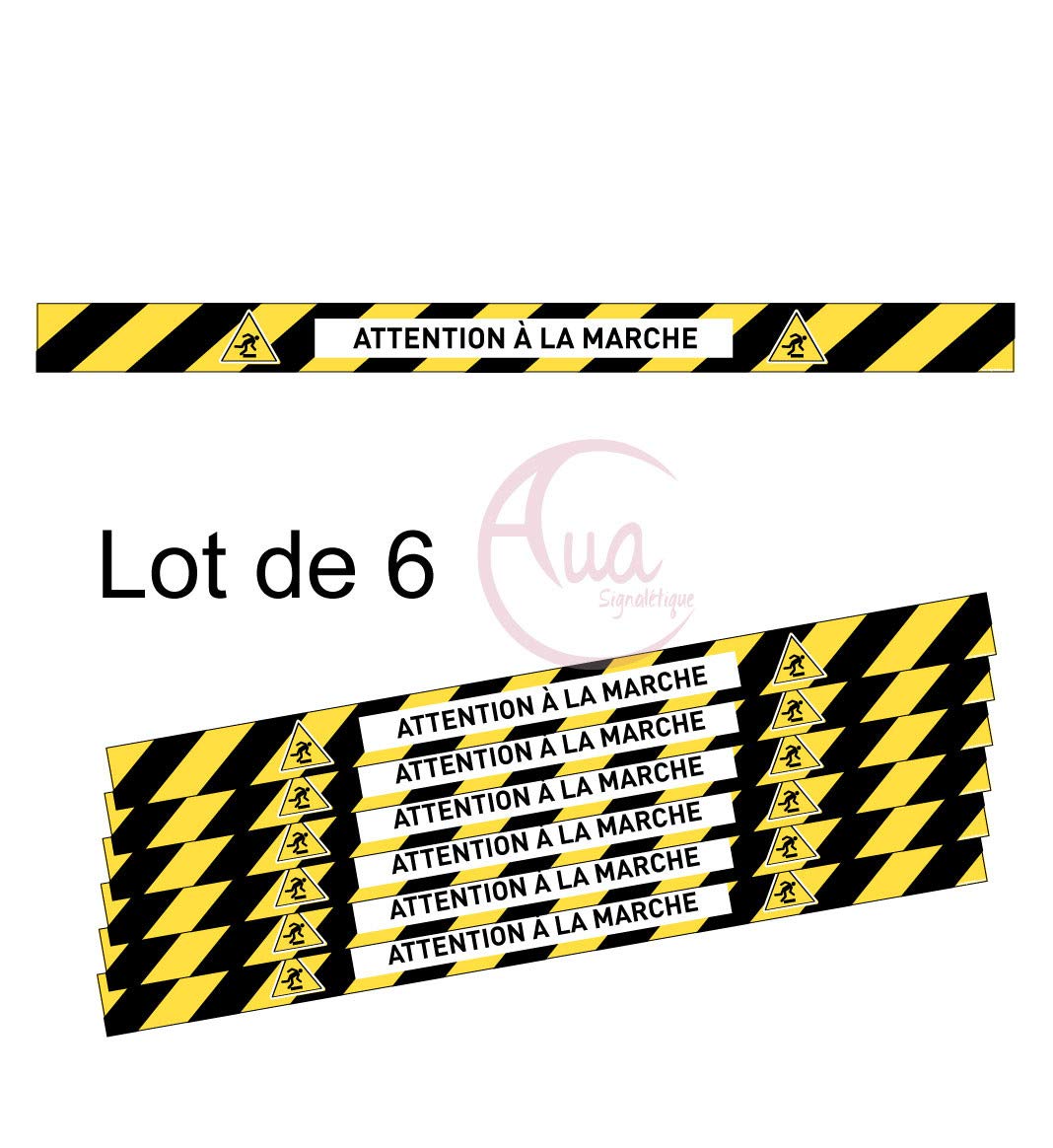 AUA SIGNALETIQUE - Lot de 6 Bandes de Marquage au Sol - Attention à la Marche - Autocollant laminé - 1000x70 mm