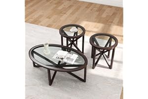 LKTART 3 Pcs Coffee Table Set Oval 46'' Tempered Glass Top Solid Wood Legs Coffee Table Round 2 End Table for Living Room Office (Cherry)