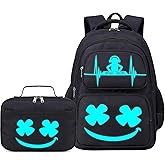 AUIVTY Boys Backpack with Lunch Box Glow in Dark Kids Ages 4-12 Kindergarten Elementary Middle School Teens Bookbag Mochilas Para Niños, Luminous Face Black