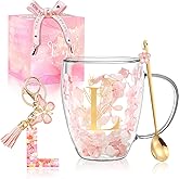 Personalized Gifts for Women Flower Double Wall Cute Novelty Monogrammed Glass Coffee Mug Tea Cup with Spoon Customized Wedding Favors Unique Birthday Christmas Gifts for Bride Wife Friends Sisters(L)
