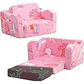 MeMoreCool Folding Toddler Chair, Glow-in-The-Dark Soft Plush Kids Fold-Out Couch Sofa, Comfy Baby Recliner for Girls and Boys (Pink Fairy)
