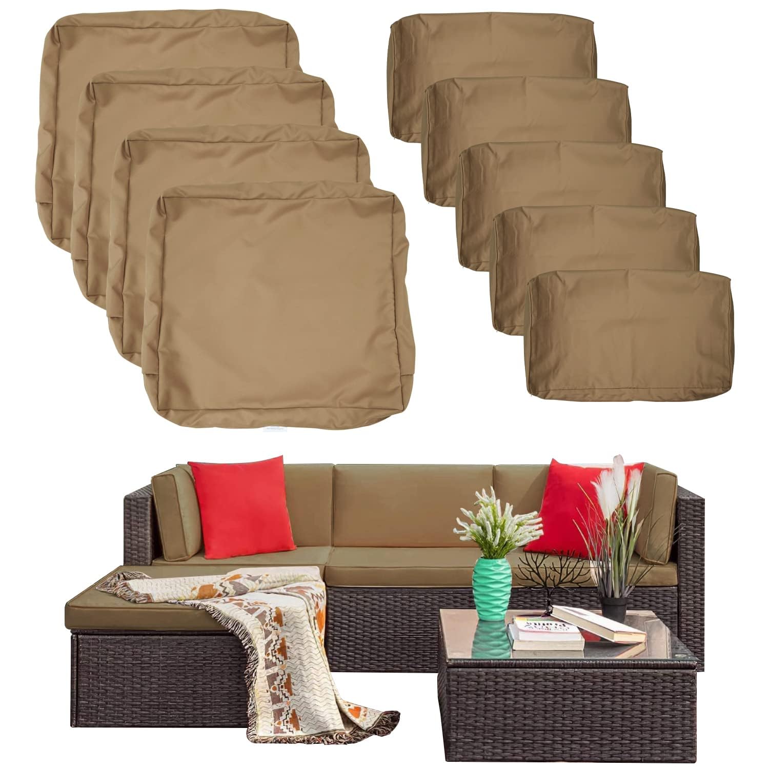 Photo 1 of 9 Pack Patio Cushion Covers Set Outdoor Furniture Cushion and Pillow Cover Replacement Fit for 5 Pieces 4-Seater Wicker Rattan Patio Sectional Sofa Chair Couch Set,Taupe-Cover Only (Small)
