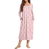 Ekouaer Long Sleeve Nightgowns for Women Long Sleepshirts Button Night Gowns Sleepwear Full Length Sleep Dress with Pockets