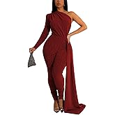 Women's Sexy Sparkly One Shoulder Long Sleeve Bodycon Jumpsuits Stretchy Long Pants Clubwear Party Rompers With Belt Rope