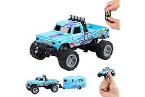 jewsuva Mini Rc Monster Truck, 1:64 Scale Monster Remote Control Truck with Trailer, 2.4GHz Rc Monster Truck, Durable Alloy Housing, USB Rechargeable Rc Semi Truck for Kids