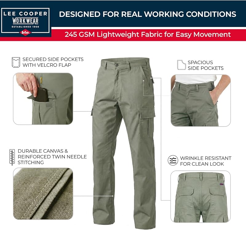 Pantalon Travail Homme Cargo 245 GSM – Workwear Résistant Multi Poches Entretien Facile, Pantalon Sécurité Coupe Droite Bouton Zip (kaki, 38W / 29L) — photo 8 sur 8