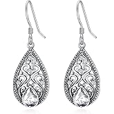 925 Sterling Silver Vintage Retro Filigree Dangle Drop Earrings with 7mm Teardrop 12 Months Birthstone Birthday Jewelry Gifts for Women Her