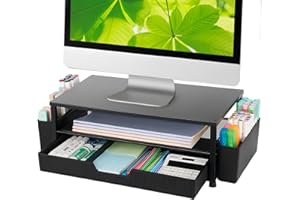 ECOLOVI Desk Organizer and Accessories, 2-Tier Computer Monitor Stand Rise with Storage Drawer & 2 Pen Holders, Laptop & Printer Stand for Desktop, Workspace Organizers for Office Supplies (Black)
