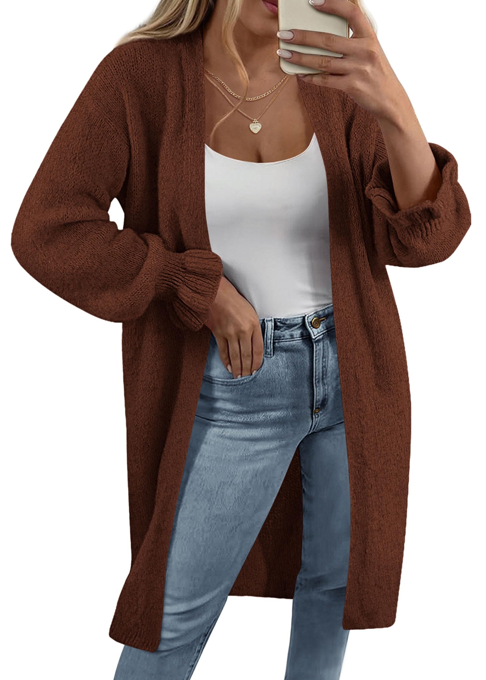 KIRUNDO Long Cardigan Sweaters for Women Oversized Ruffle Long Sleeve Open Front Casual Chunky Knit Sweater Coats(Brown, Large)