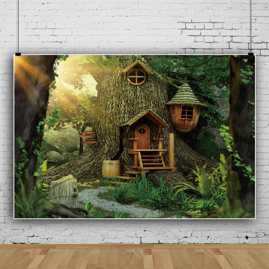 Bovlleetd 10x8ft Forest Tree House Photography Background Magic Fairy Tale Forest Green Giant Tree Backdrop Sunlight Stone Road Background for Photo Studio Props