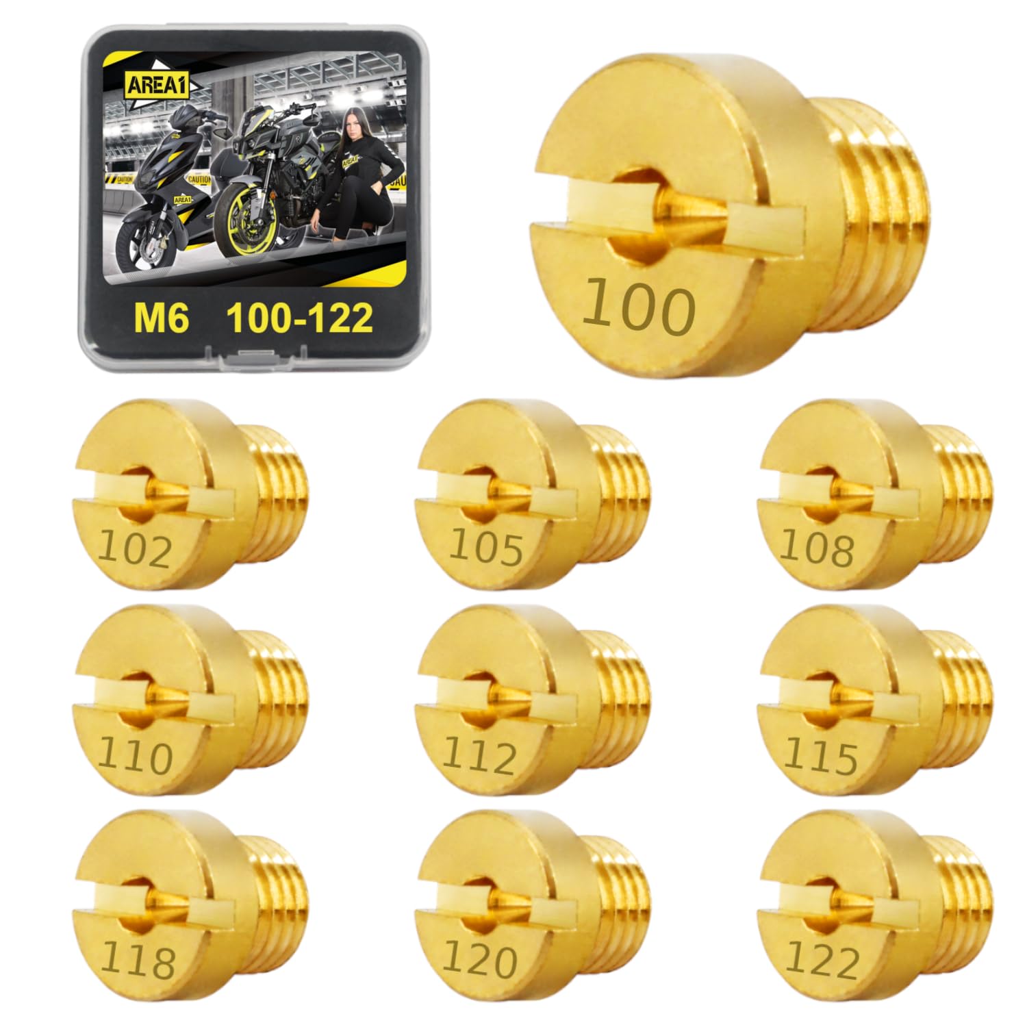 Area1 Universal Carburettor Nozzles Tuning Set M6 (6 mm) 10 Pieces 100/102/105/108/110/112/115/118/120/122 Compatible with Dellorto and Original Carburettors for e.g. Aerox Nitro Jog Booster F10 F12