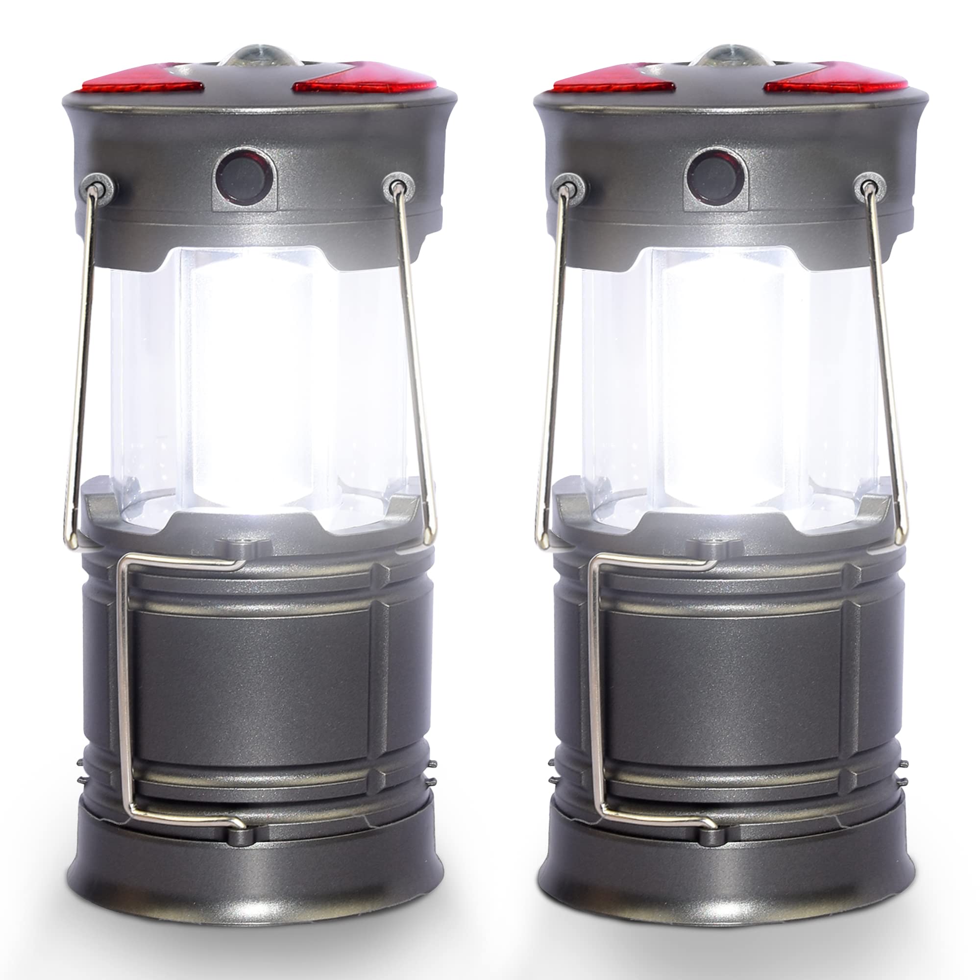 VOYAGER 2 Pack 6-in-1 Portable Camping Lantern, Compact & Versatile Torch, Strobe, SOS Red Light, USB Rechargeable & 360° Illumination Hook & Magnetic Base for Camping, Fishing & Emergencies - Silver