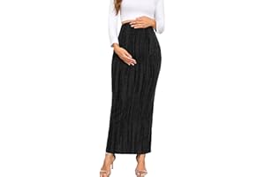 AISWI Maternity Sparkly Adjustable Waist Maxi Skirt Over The Belly Stretchy Pregnancy Long Pencil Skirts