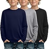 LessonZoo 3 Pack Long Sleeve Shirts for Boy Crewneck Youth Undershirts Loose Kids Tops Winter Fall Basic Tee Pullover